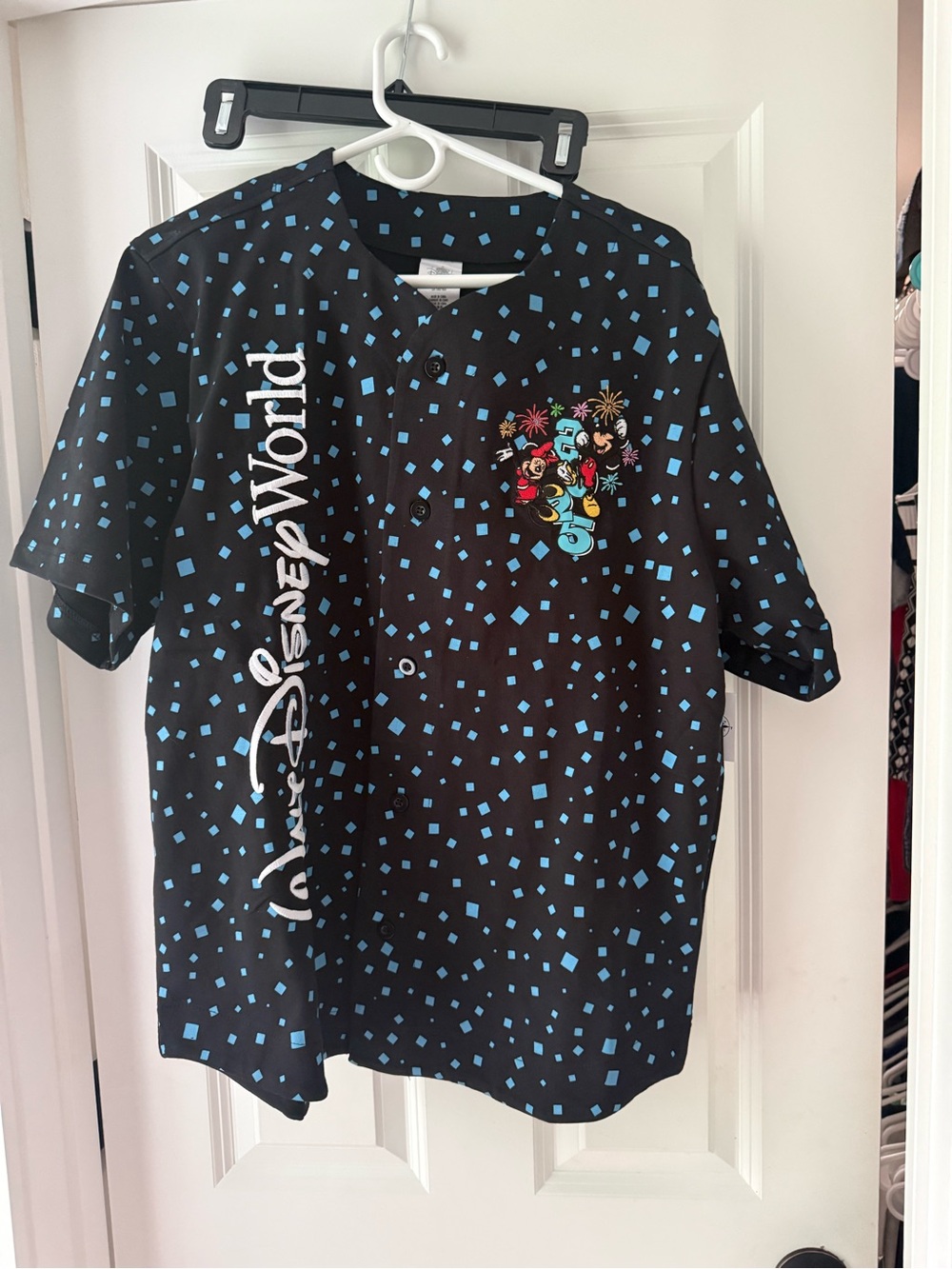 Disney Black Button-Up Shirt with Blue Confetti and Colorful Character Patch